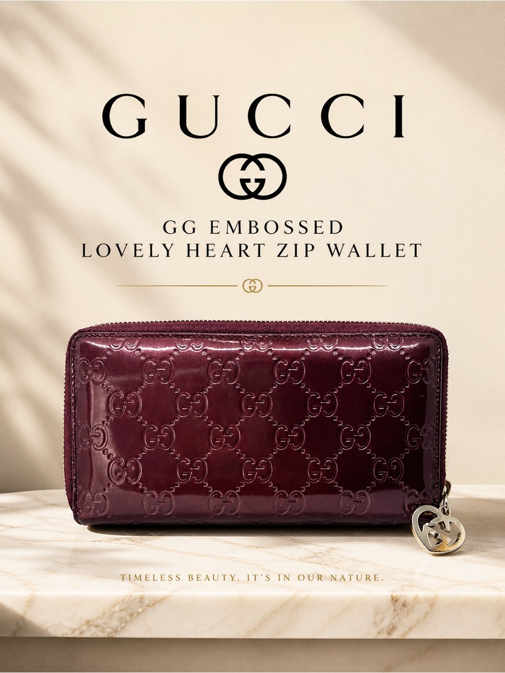 Gucci GG Embossed Lovely Heart Zip Wallet Burgundy Patent COA